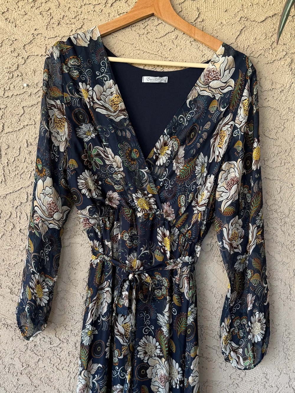 Floral Wrap Midi Dress Silk Blend Navy and Cream Wedding Guest - Picture 2 of 11